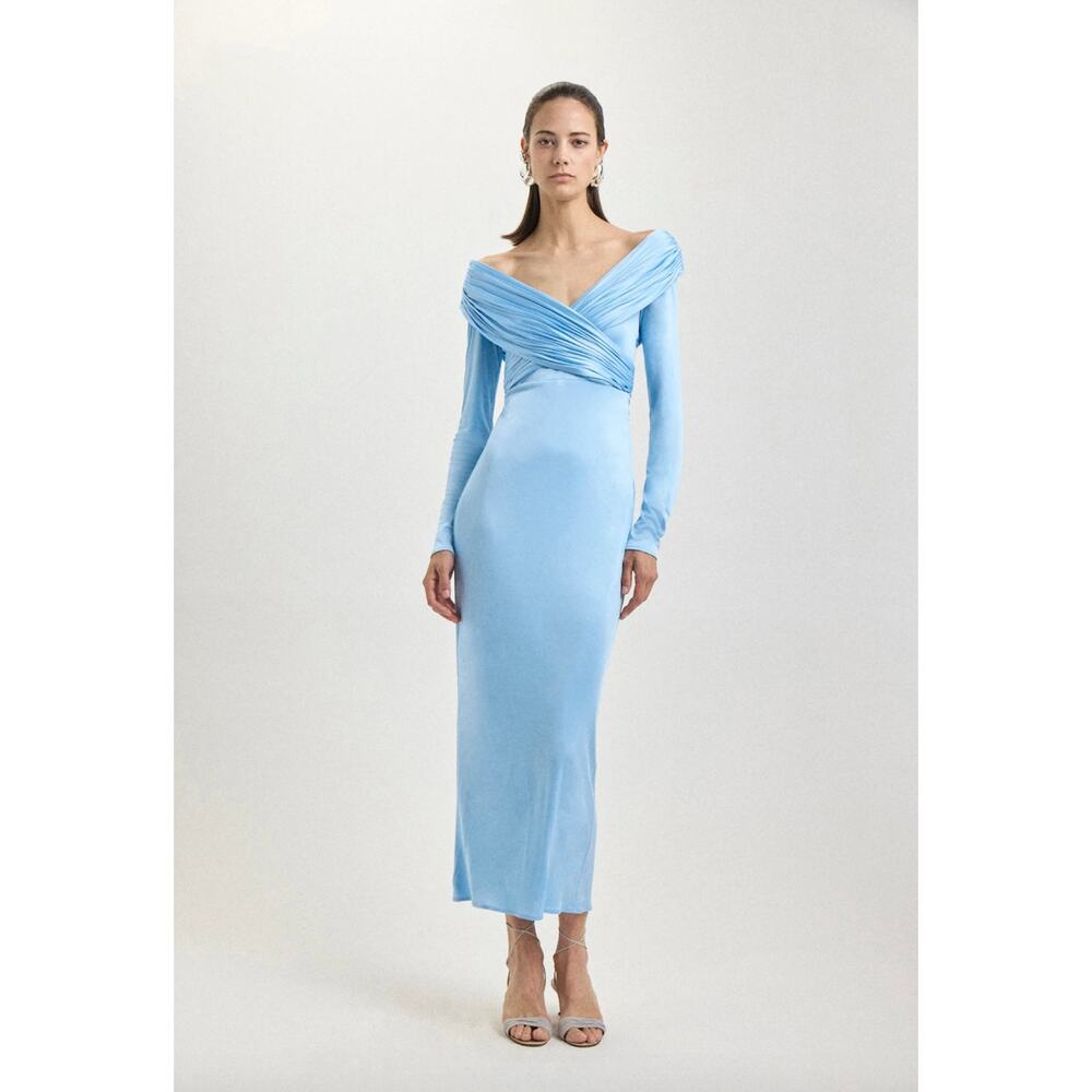 Alejandra Alonso Rojas | NWT Long Sleeve Draped Jersey Dress in Sky Blue 4